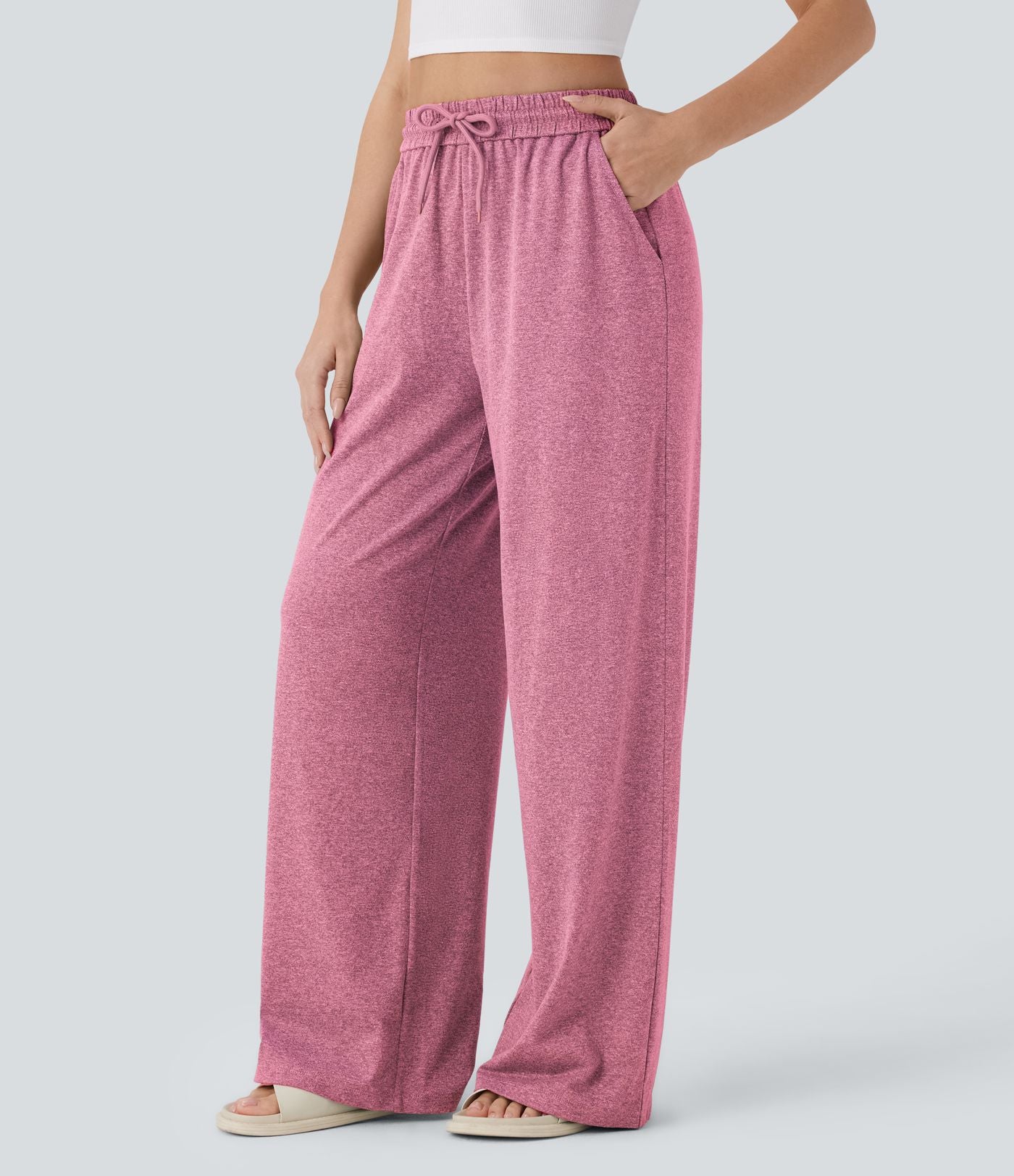 Pantalon large décontracté taille haute avec cordon de serrage et poches latérales