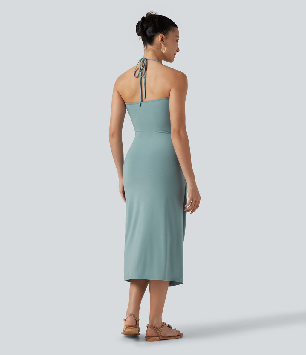 Robe midi de plage à col halter avec brassière intégrée, lien noué au dos et poches