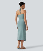 Robe midi de plage à col halter avec brassière intégrée, lien noué au dos et poches