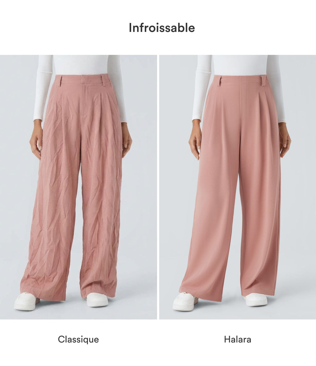 Halara Flex™ Pantalon Tailleur en tissu gaufré à taille haute, jambes larges, plis et poches latérales