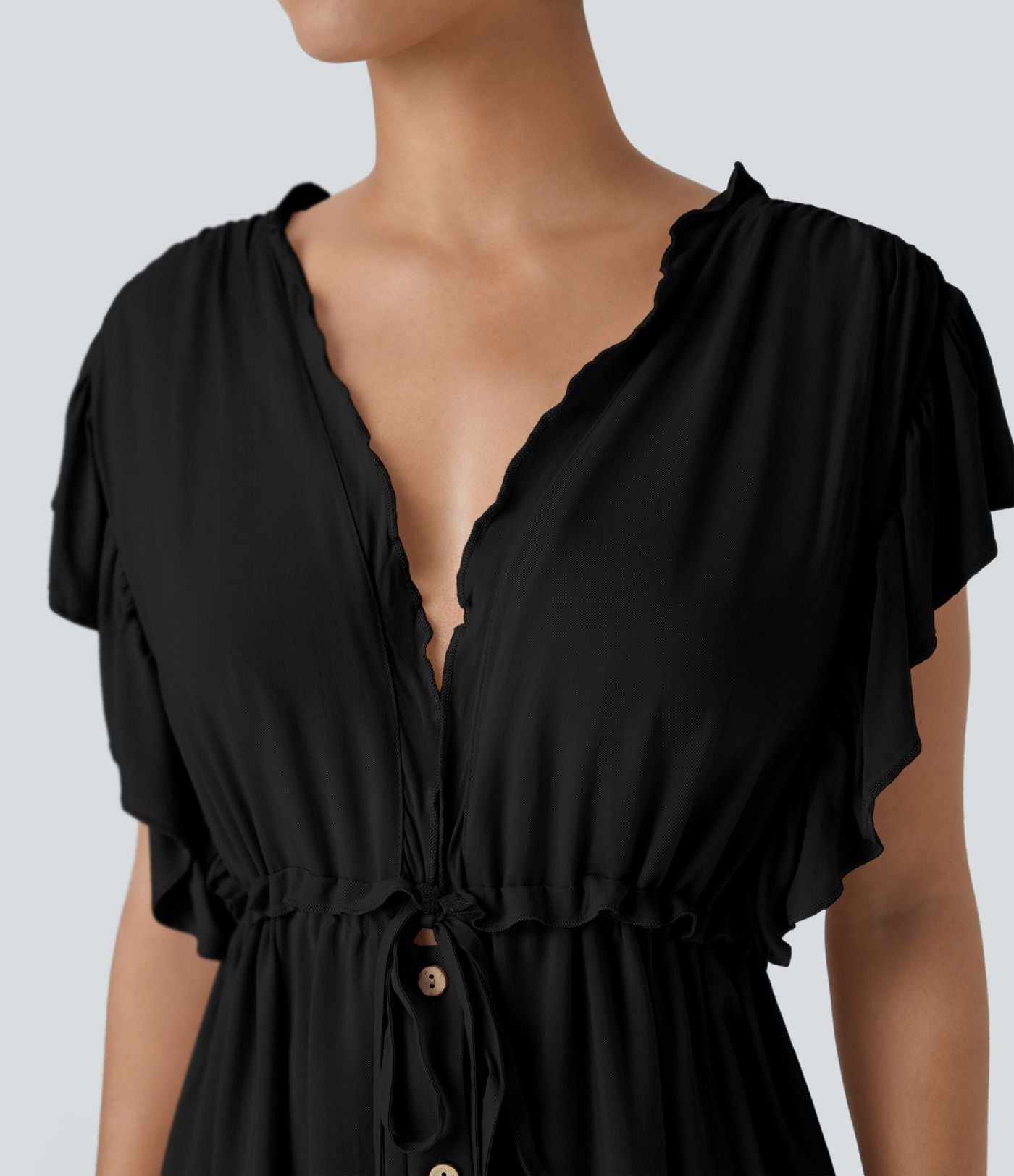 Robe Casual Maxi Flowy Encolure en V Profond Manches Papillon Dos Nu Cordon de Serrage Boutonnés Poches Latérales