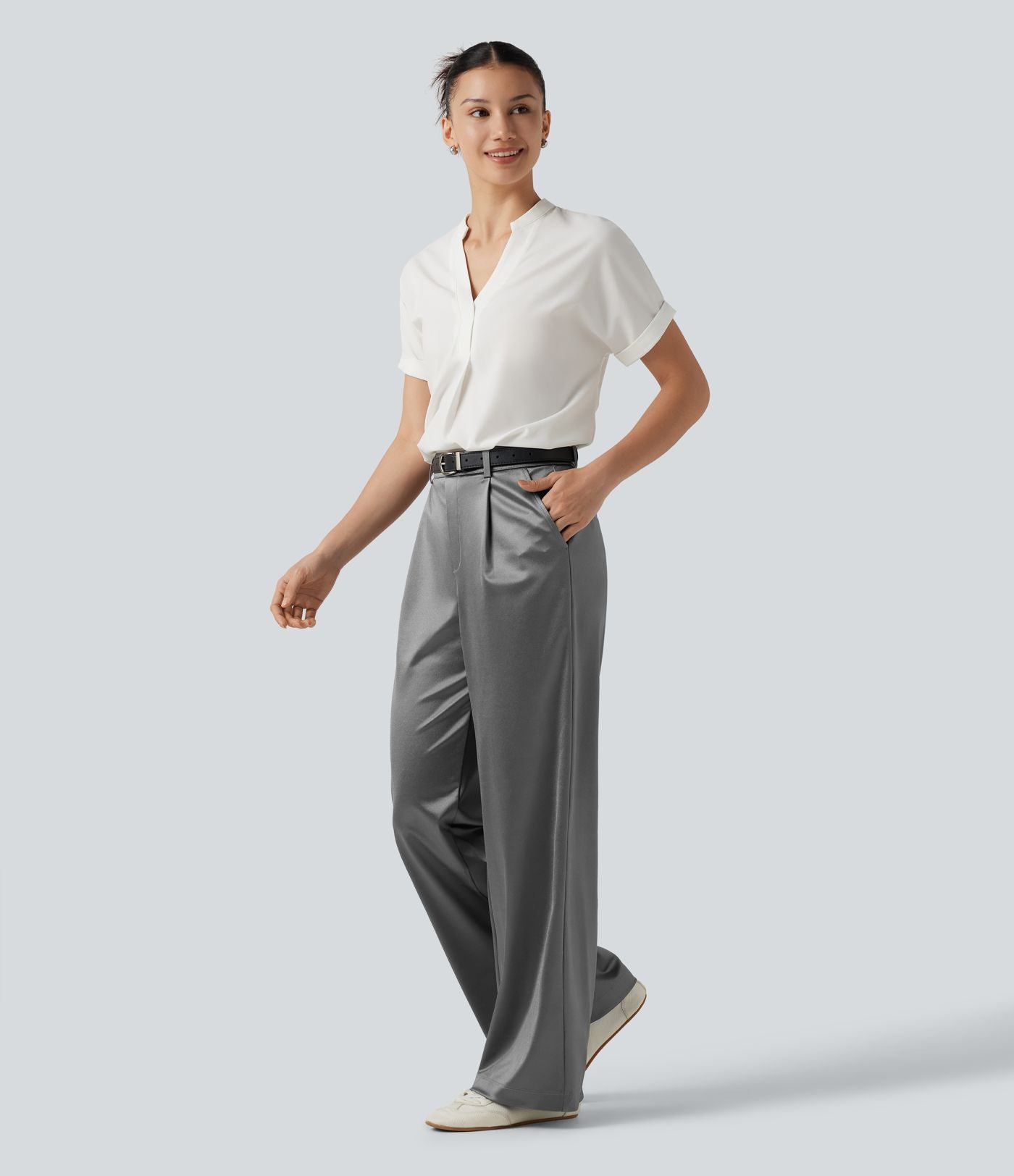 Pantalon satin taille haute esprit bureau avec poches