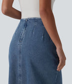 Halara Flex™ Jupe en Jean midi délavé taille haute avec zip dos, effet drapé et ourlet tulipe