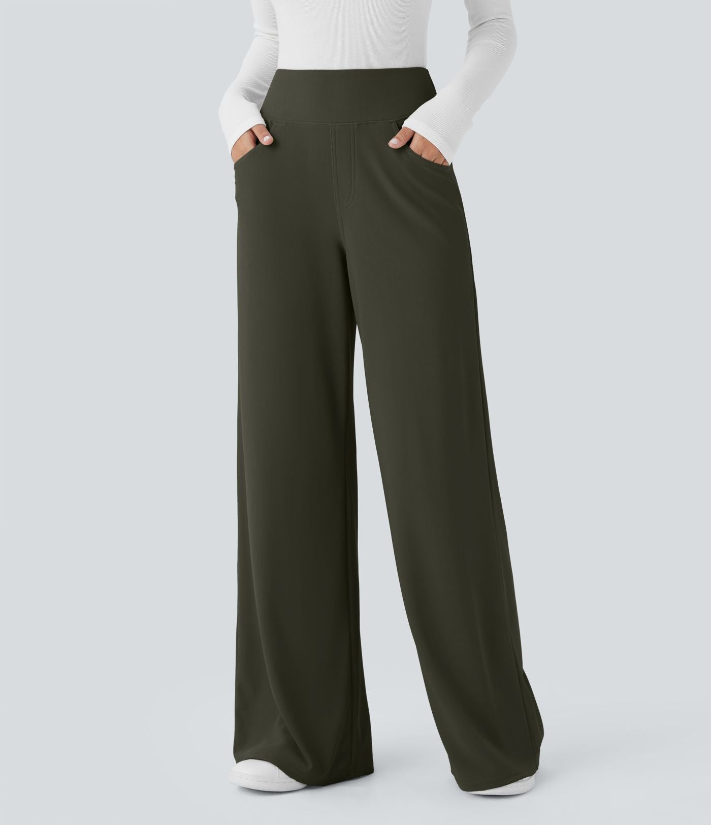 Pantalon tailleur large gainant taille haute en micro-gaufré avec poches Halara Flex™