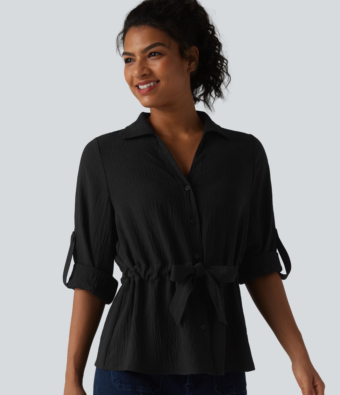 Chemise effet lin esprit bureau à revers, manches retroussées et lien à nouer