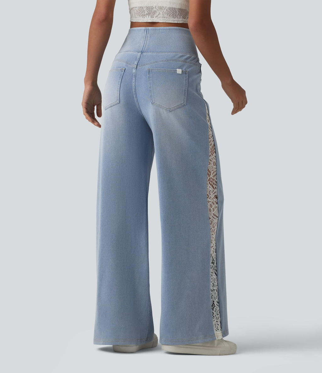 Jean large Halara Flex™ décontracté taille haute avec poches et dentelle contrastée