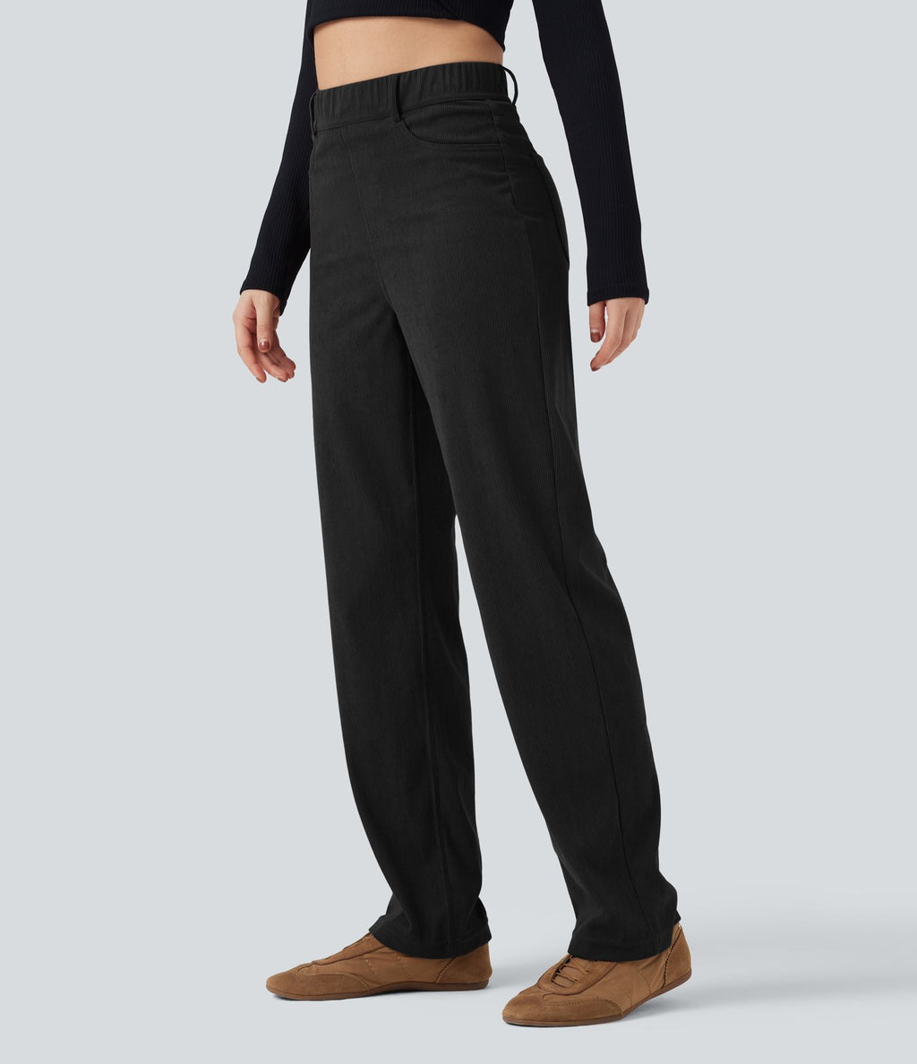 Pantalon décontracté droit en velours côtelé, taille haute, gainant, avec poches