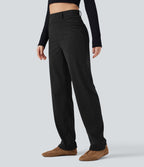 Pantalon décontracté droit en velours côtelé, taille haute, gainant, avec poches