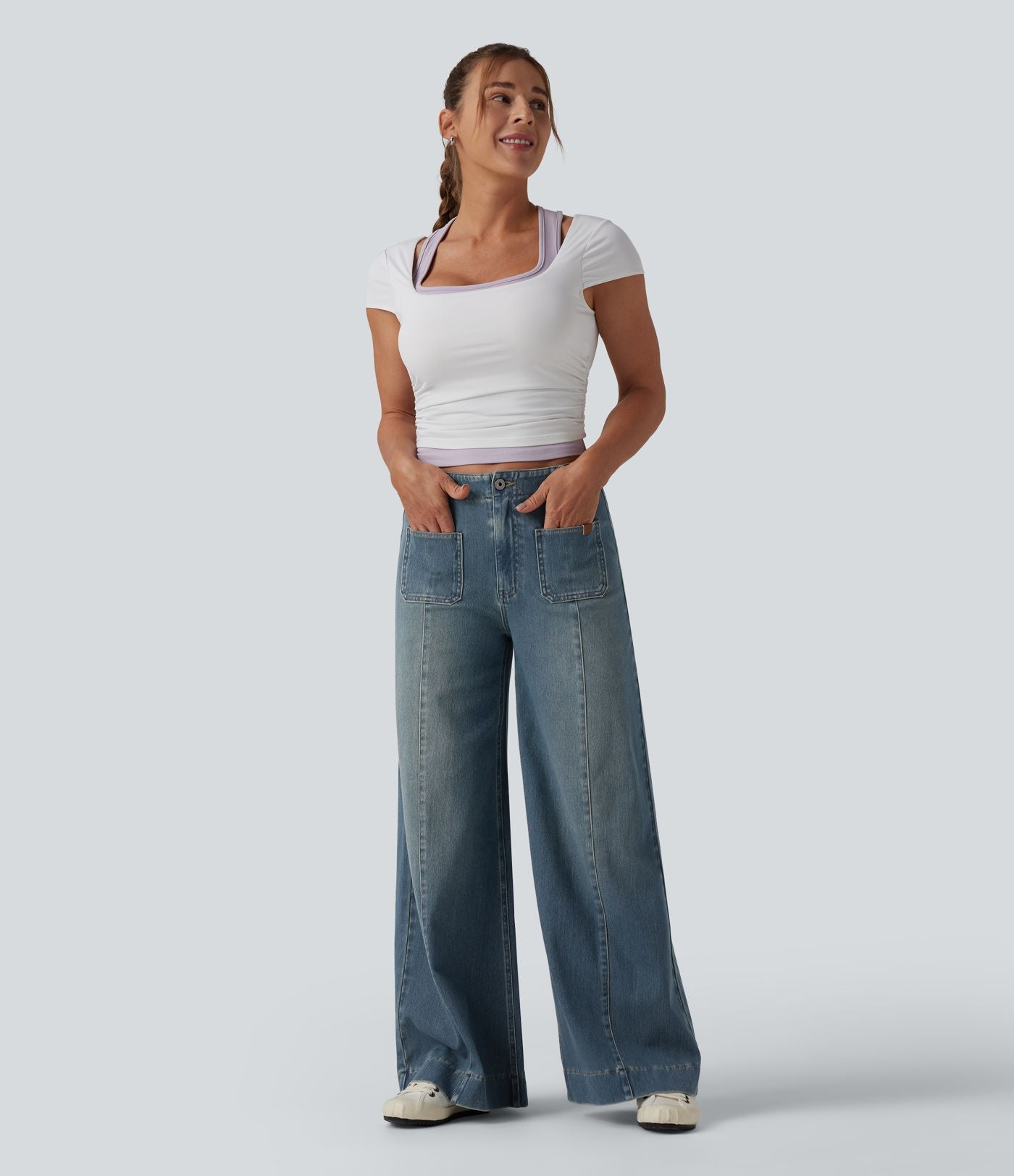Halara Flex™ Jean large Palazzo et Taille Haute avec Poches Avant en Tricot Extensible Lavé