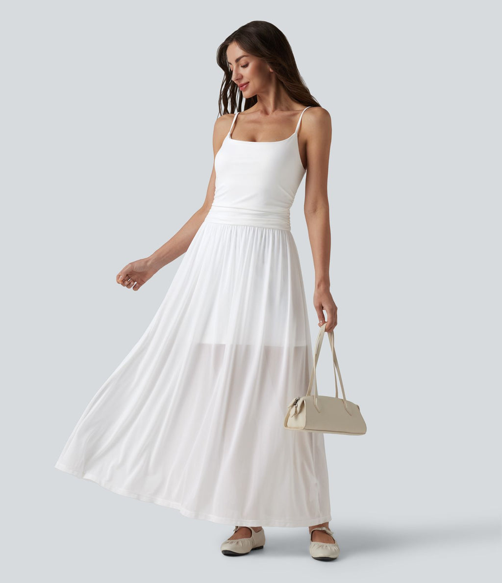 Robe nuisette longue décontractée fluide bretelles réglables froncée mesh contrasté soutien-gorge intégré