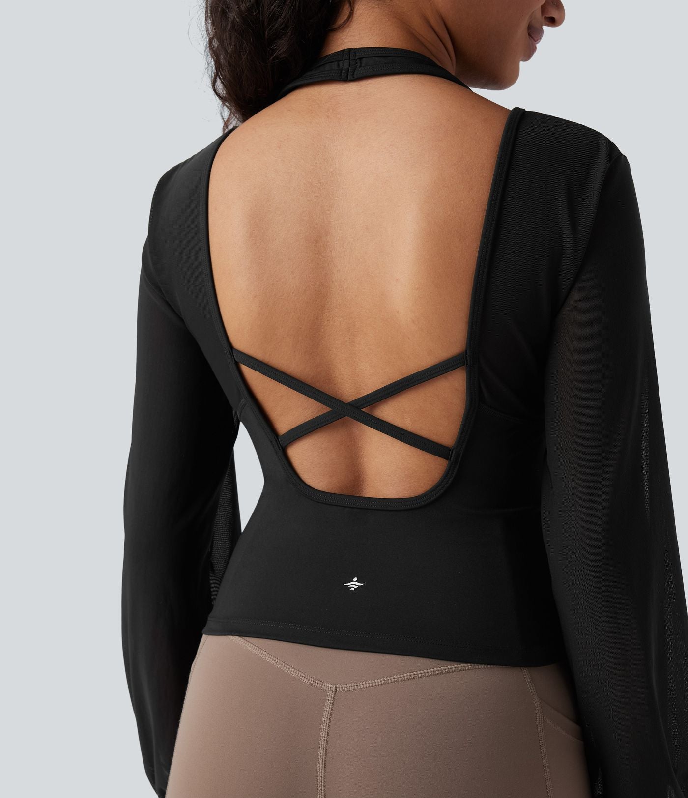 Haut de sport de yoga SoftlyZero™ aérien dos nu dos-nu manches longues bishop mesh contrastant - UPF50+