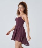 Robe de sport danse mini 2-en-1 laçage asymétrique résille contrastante fluide avec poche A-D