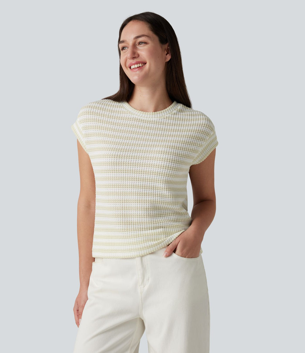 T-shirt casual col rond manches courtes rayé en maille