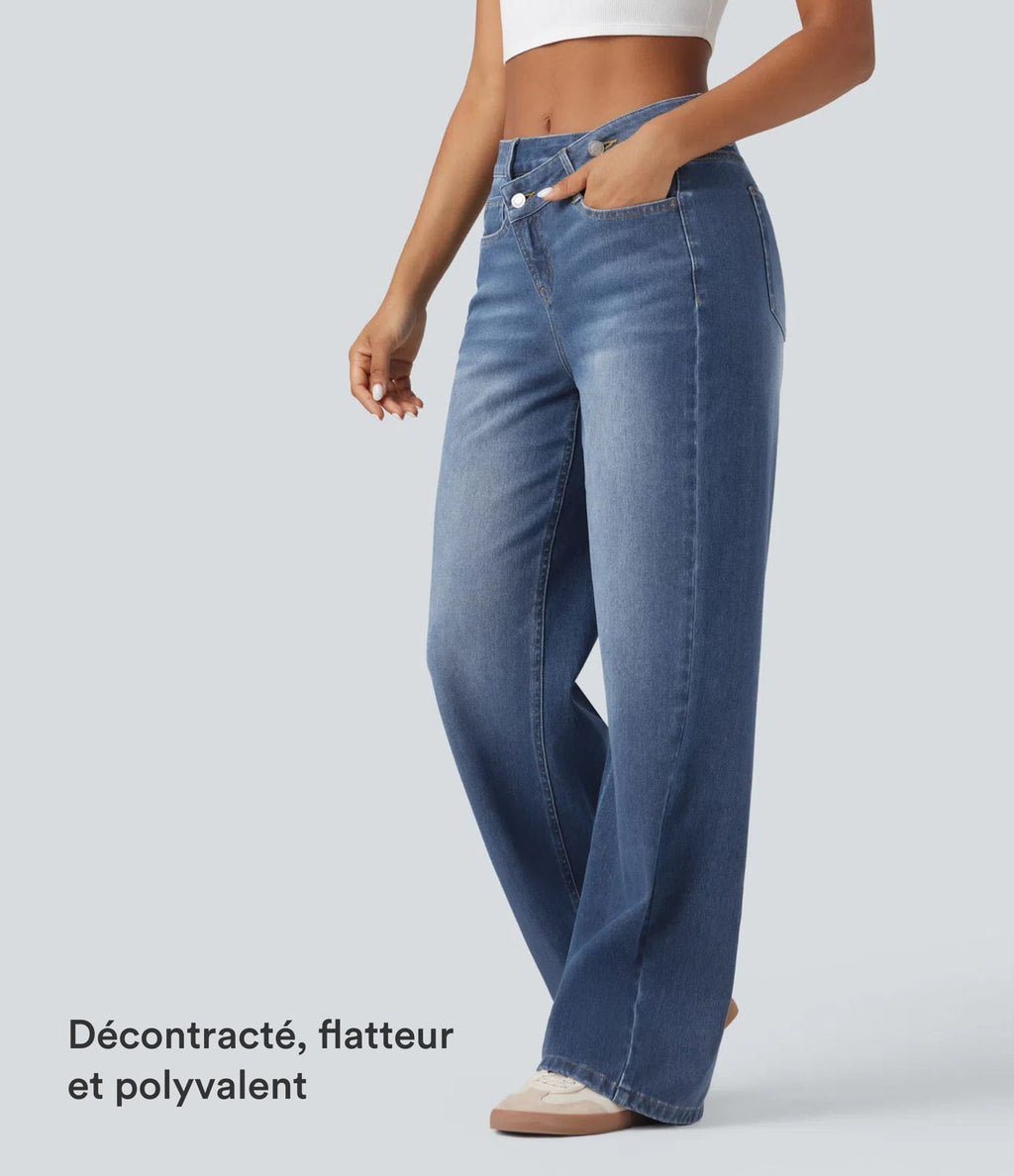 Jean baggy asymétrique Halara Flex™ taille haute effet délavé avec poches