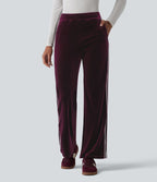Pantalon évasé en velours taille basse color block à rayures avec poches