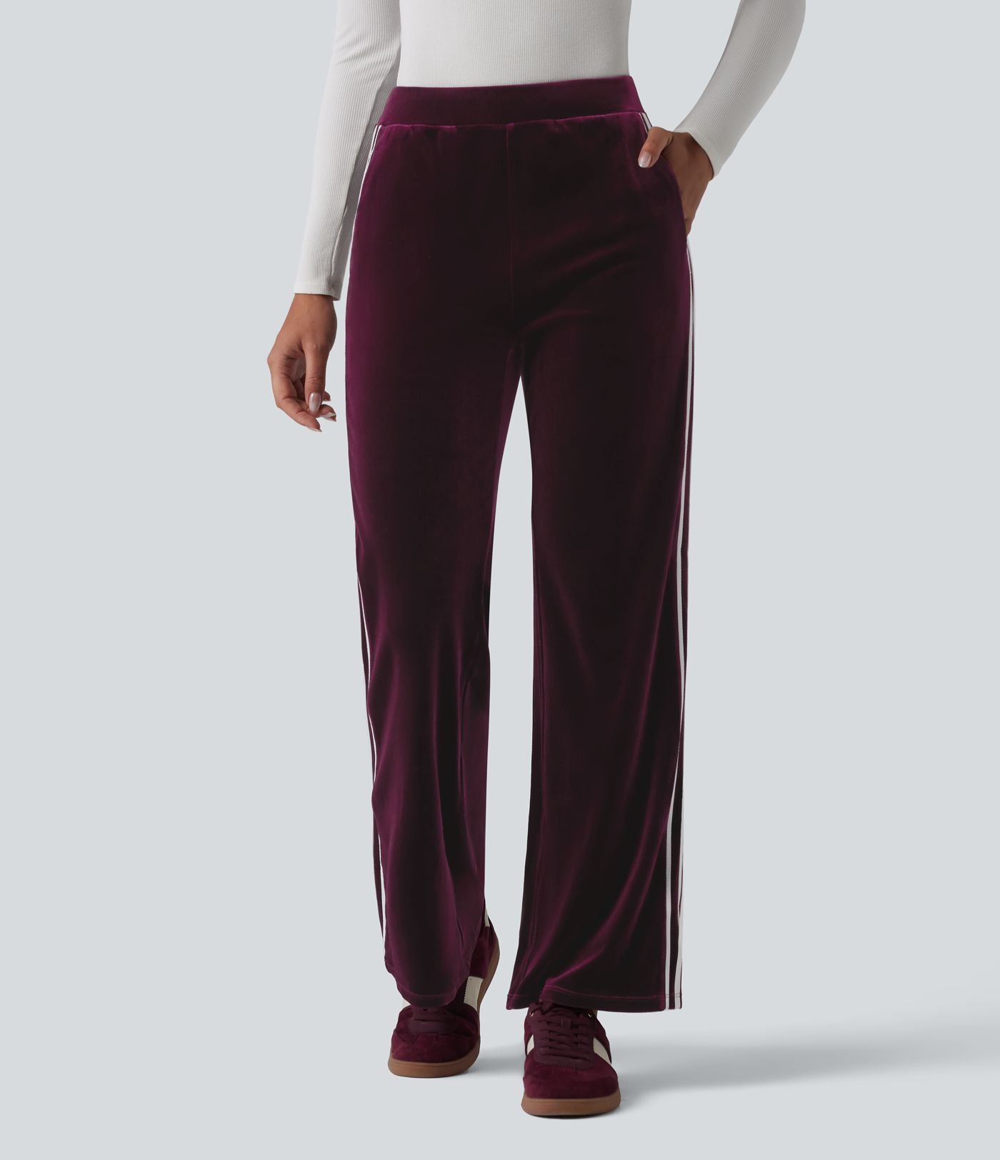 Pantalon évasé en velours taille basse color block à rayures avec poches
