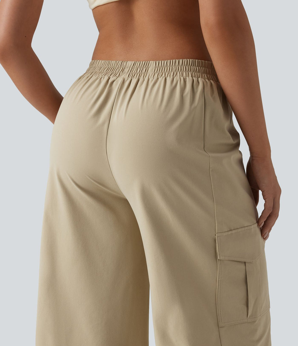 Pantalon cargo décontracté en popeline stretch taille mi-haute, coupe jambe large avec poches