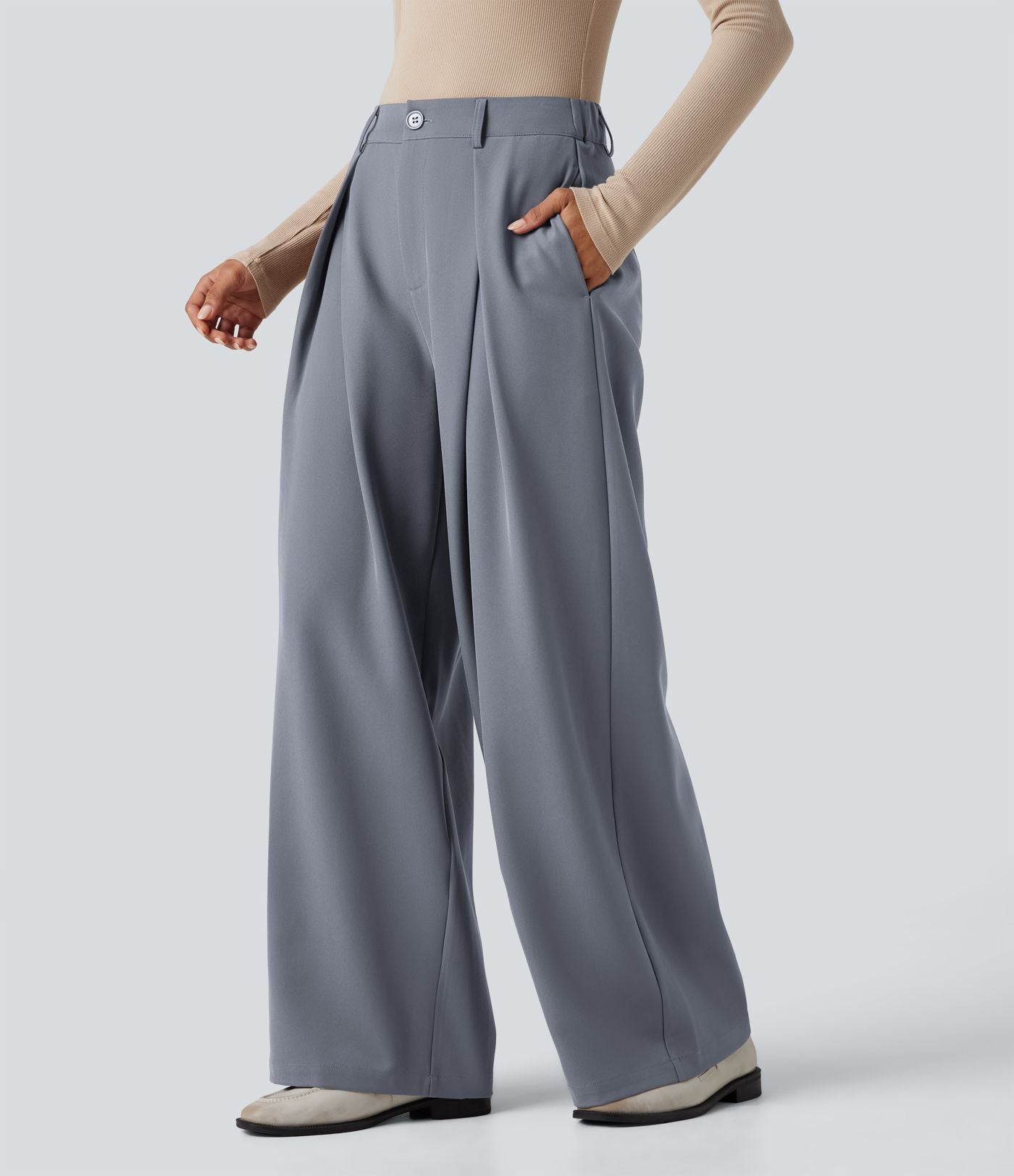Pantalon tailleur large, taille haute, à poches