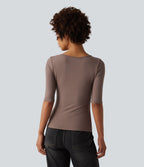 T-shirt casual col rond échancré manches trois-quarts en maille côtelée
