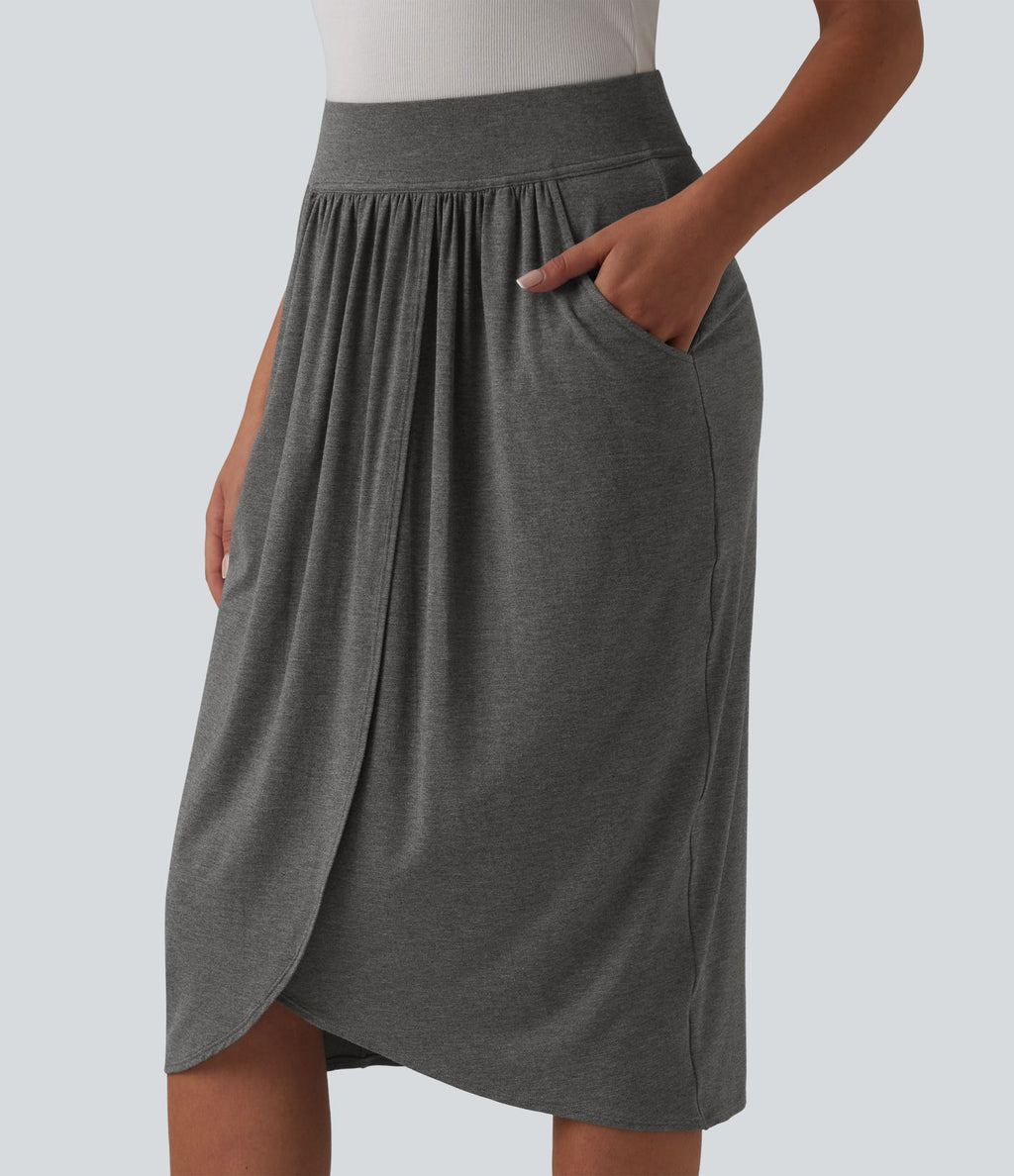 Jupe midi casual taille haute ourlet tulipe avec poches