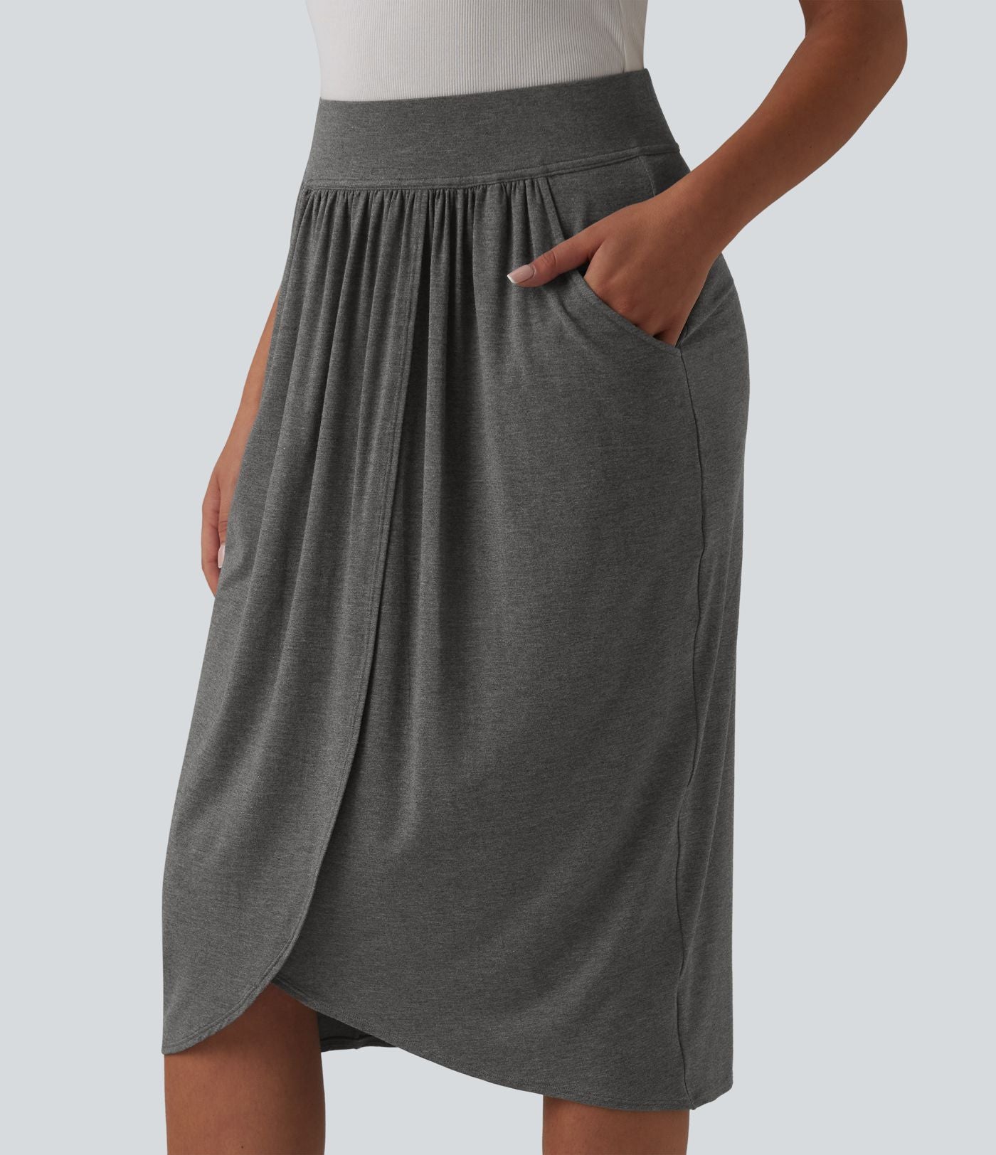 Jupe midi casual taille haute ourlet tulipe avec poches