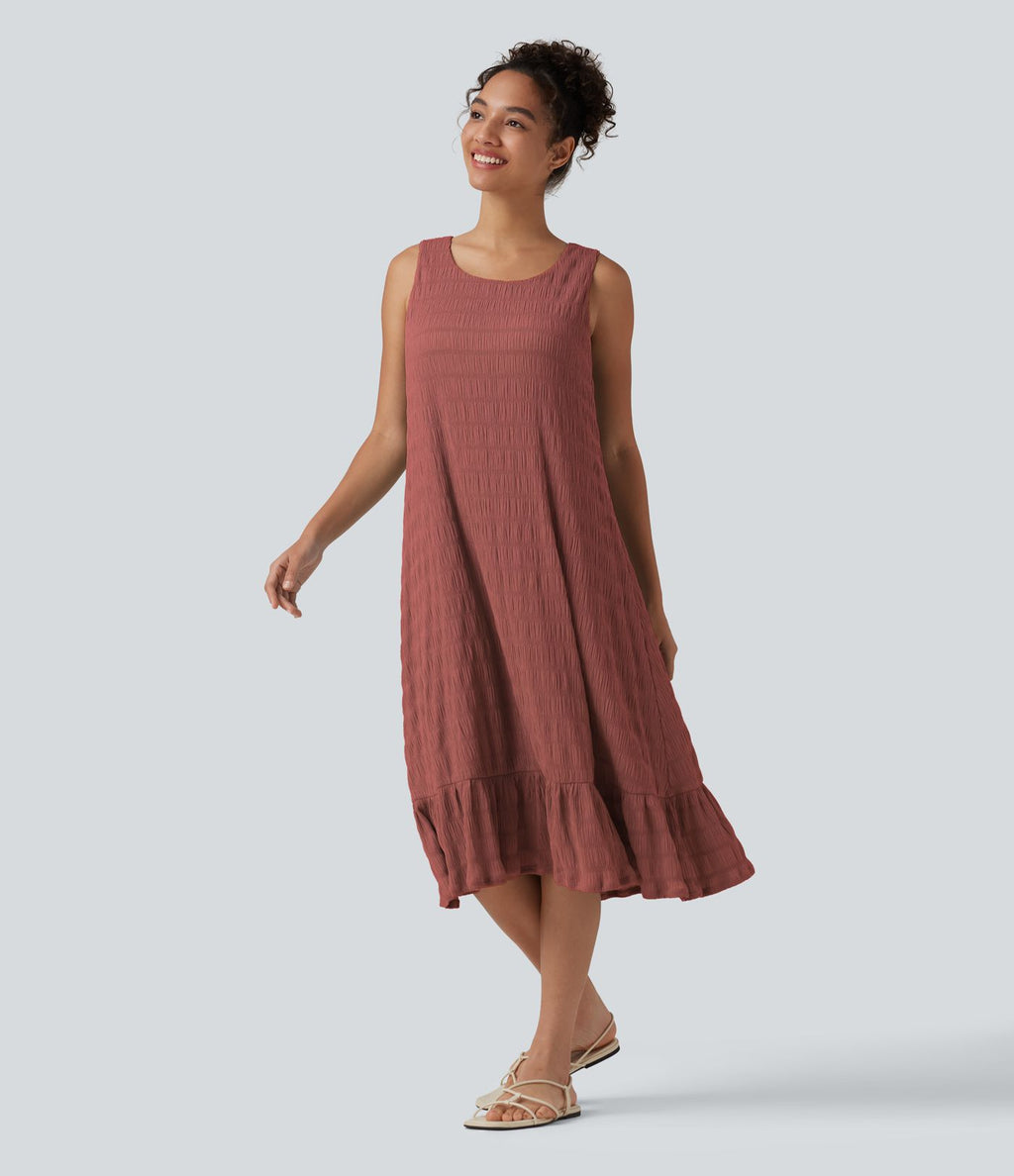 Robe midi sans manches à encolure arrondie avec coussinets amovibles et ourlet à volants