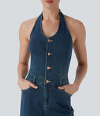 Combinaison décontractée Halara Flex™ col licou dos nu jambes larges en denim maille extensible avec multiples poches