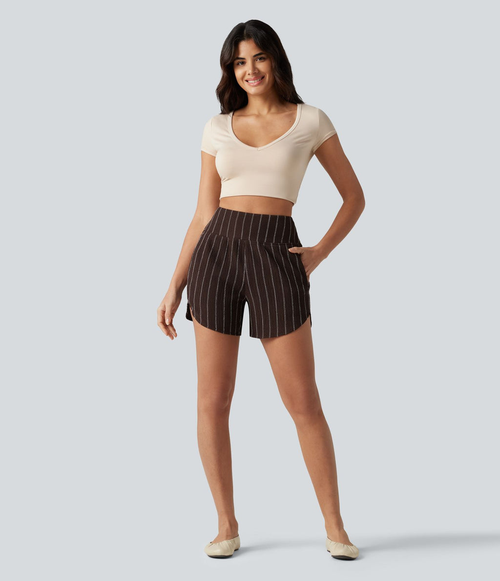 Short casual taille haute ourlet arrondi rayures avec poches