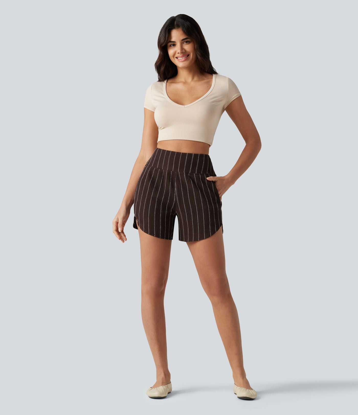 Short casual taille haute ourlet arrondi rayures avec poches
