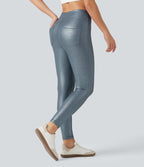 Leggings de yoga taille haute en maille côtelée avec imprimé métallisé et poches