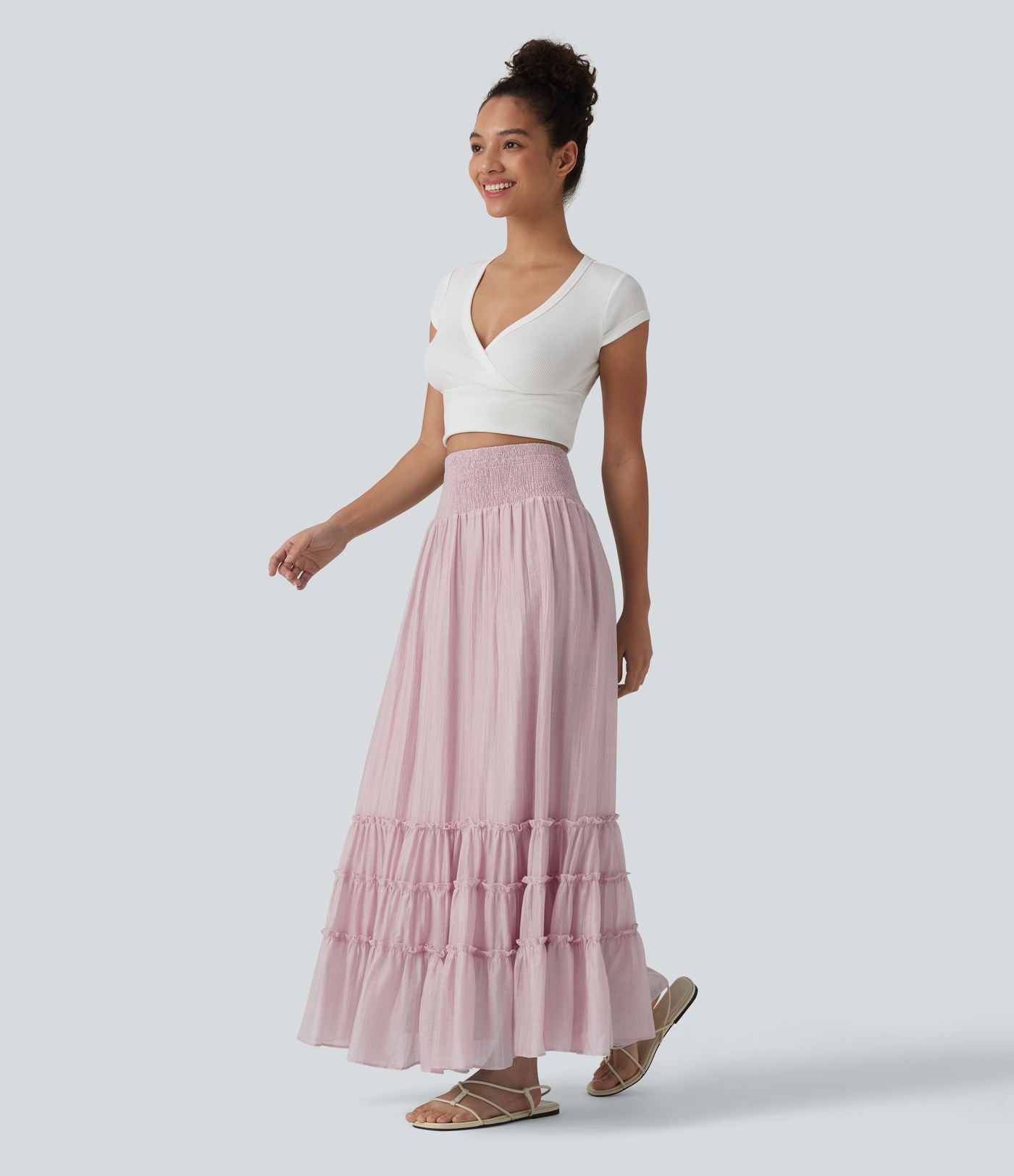 Jupe longue fluide à volants taille haute – Style resort