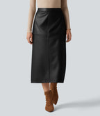 Jupe crayon midi habillée taille haute en simili cuir doublé polaire avec fermeture éclair invisible et fente