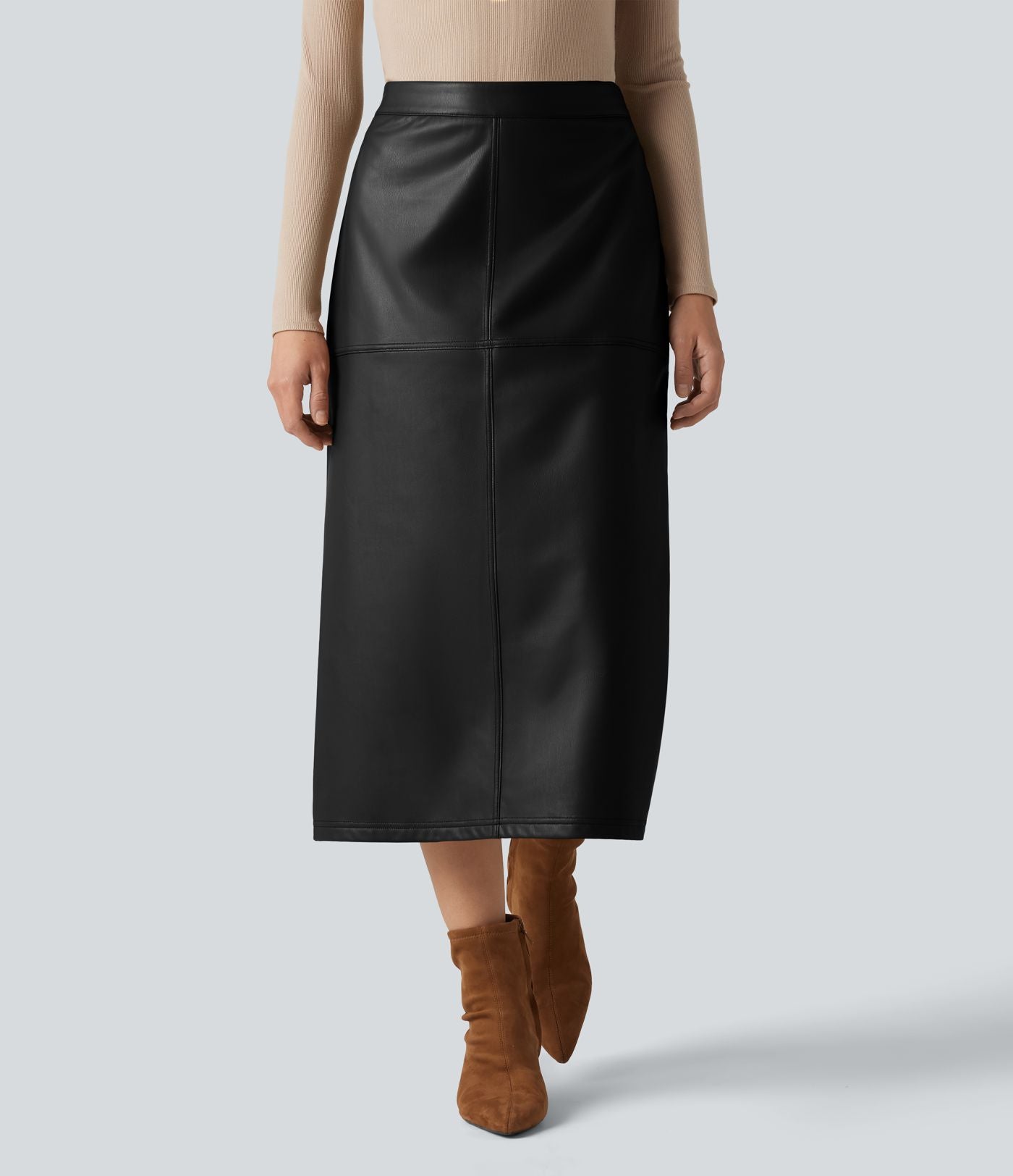 Jupe crayon midi habillée taille haute en simili cuir doublé polaire avec fermeture éclair invisible et fente