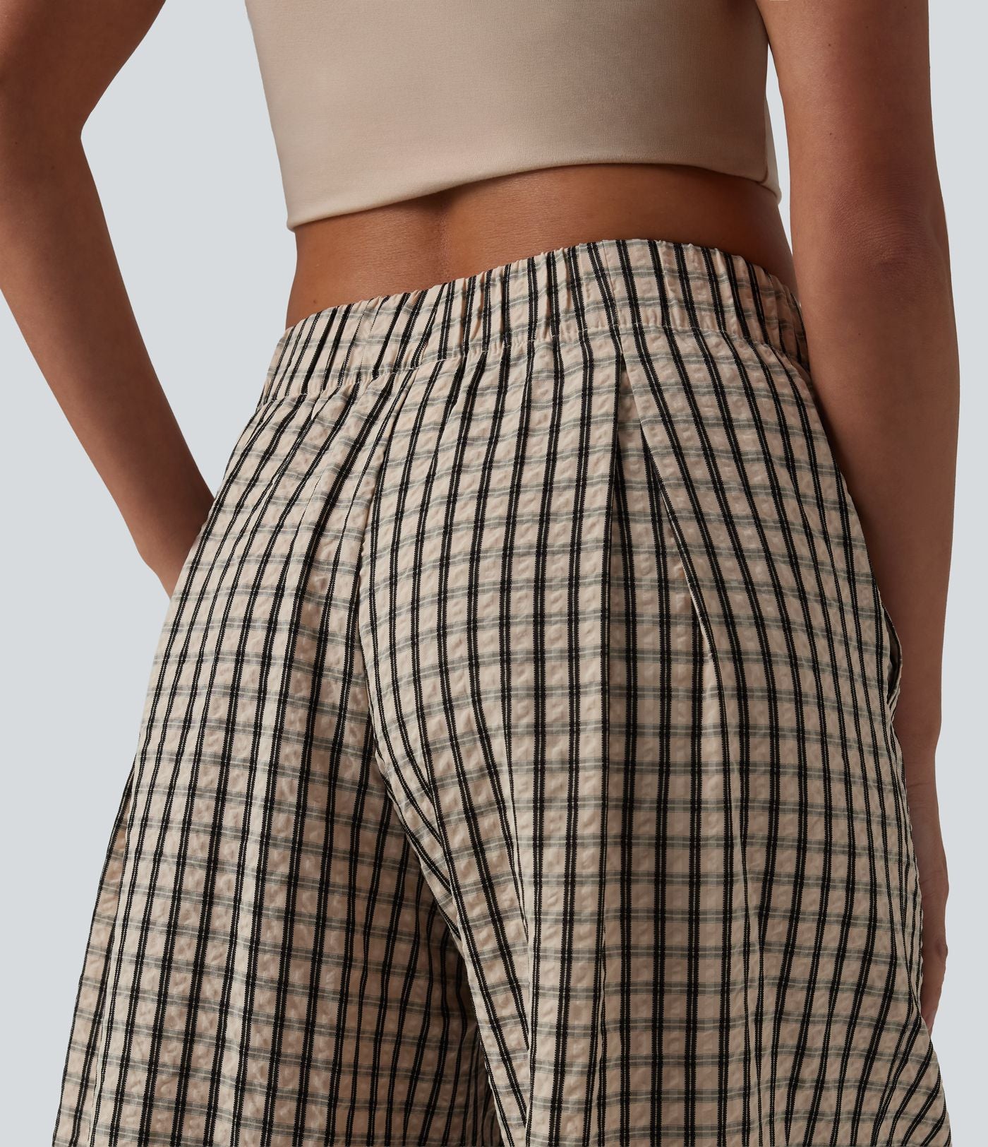 Pantalon ample raccourci à carreaux taille mi-haute avec poches