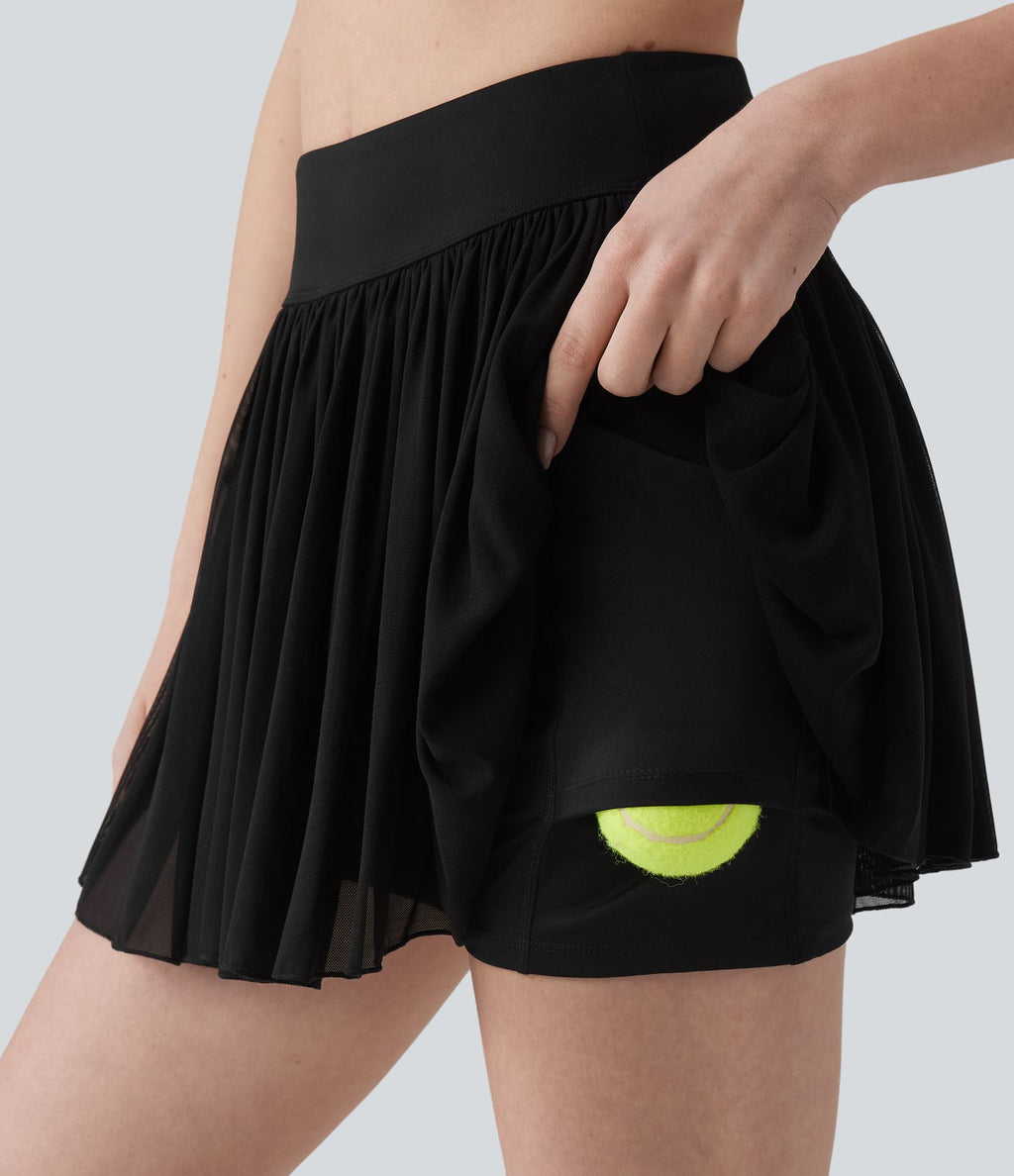 Jupe-short de tennis mini 2-en-1 taille mi-haute mesh contrasté avec poche