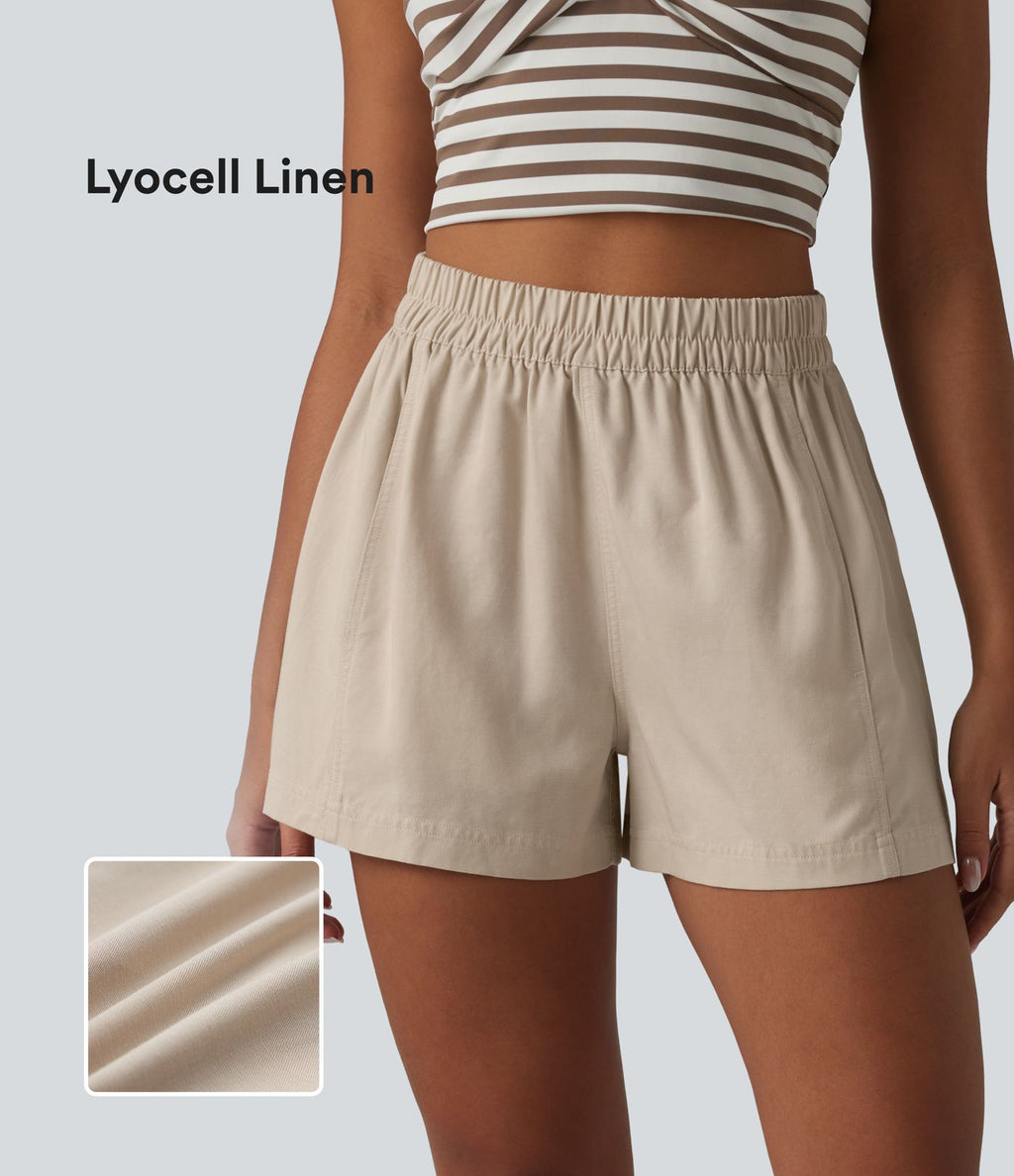Short ample décontracté taille haute en lyocell et lin mélangés, avec poches