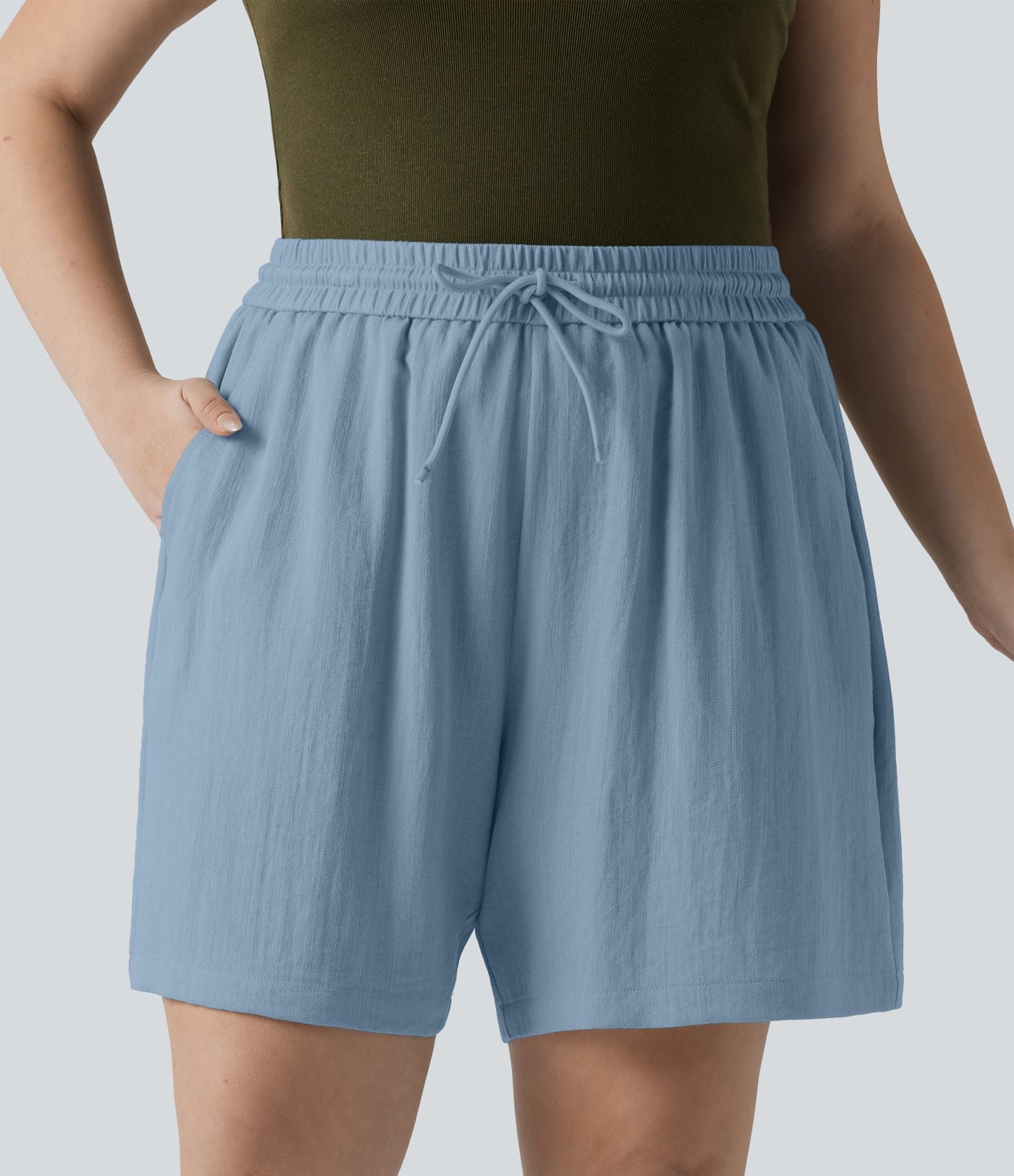 Short casual aspect lin grande taille taille haute avec cordon de serrage et poches