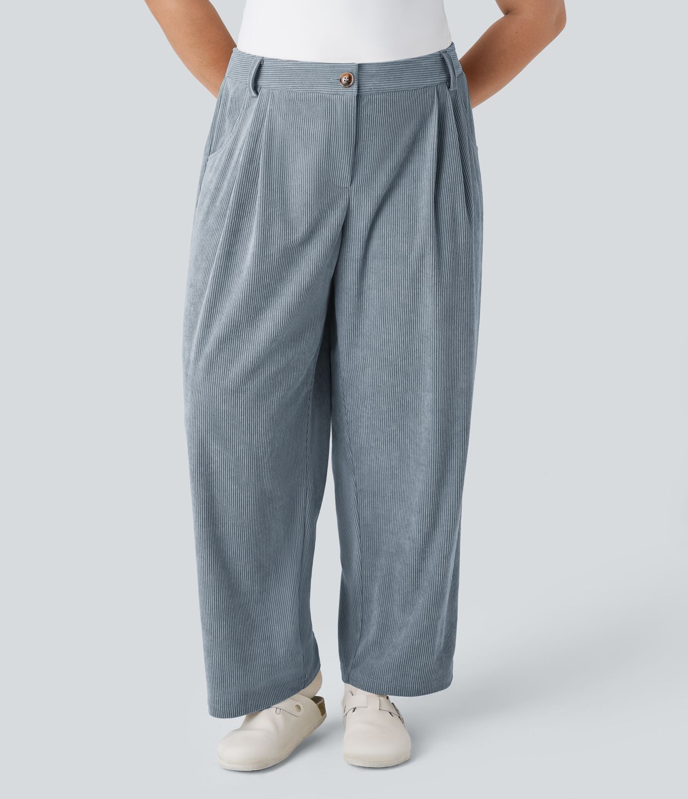 Pantalon Casual Grande Taille Velours Côtelé Taille Mi-haute Boutonnés Fermeture Éclair Poches Latérales