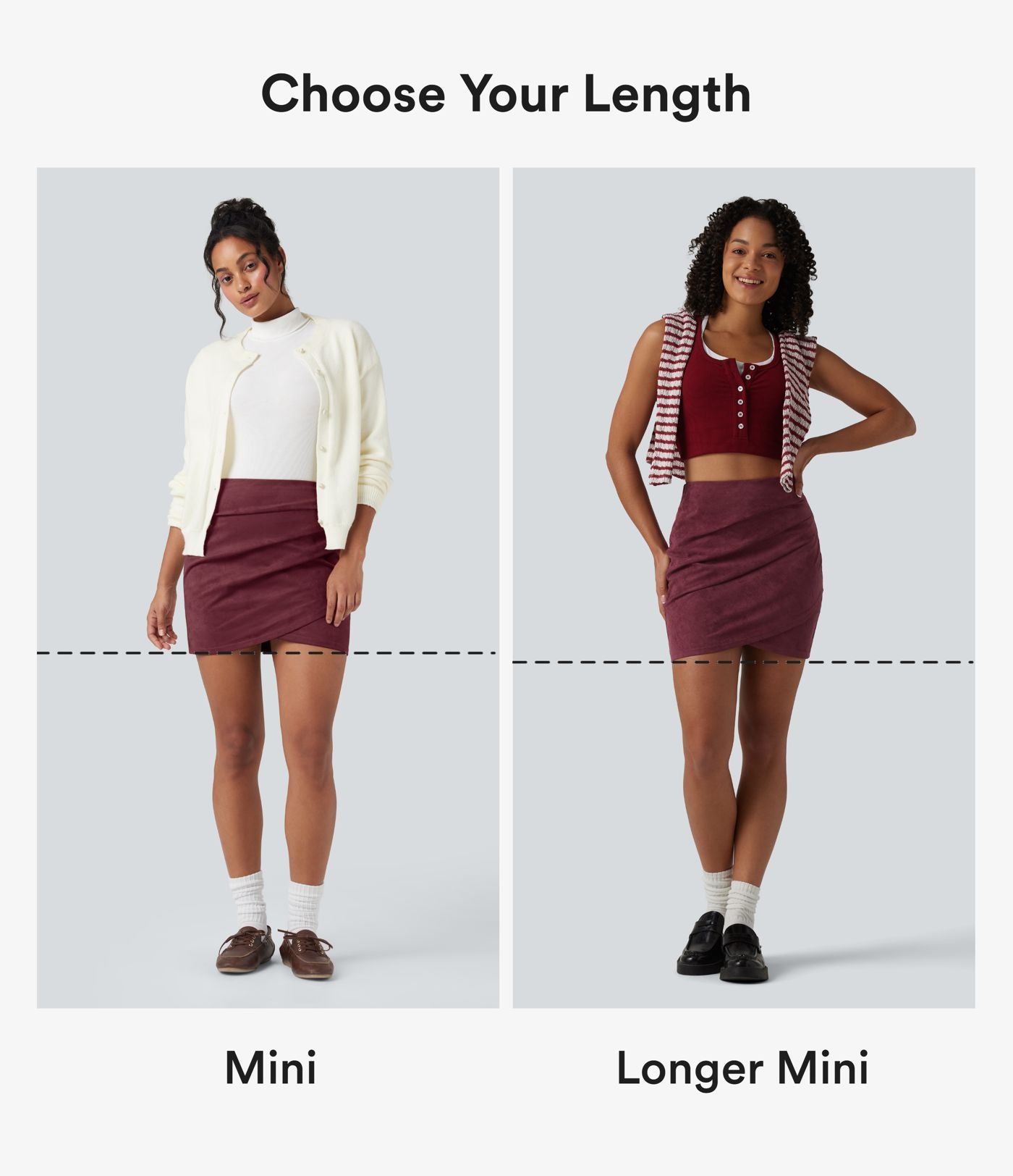 Jupe mini moulante décontractée taille haute en suédine, froncée, ourlet croisé, version plus longue