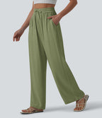 Pantalon casual large fluide mélange lin taille haute avec cordon de serrage et poches