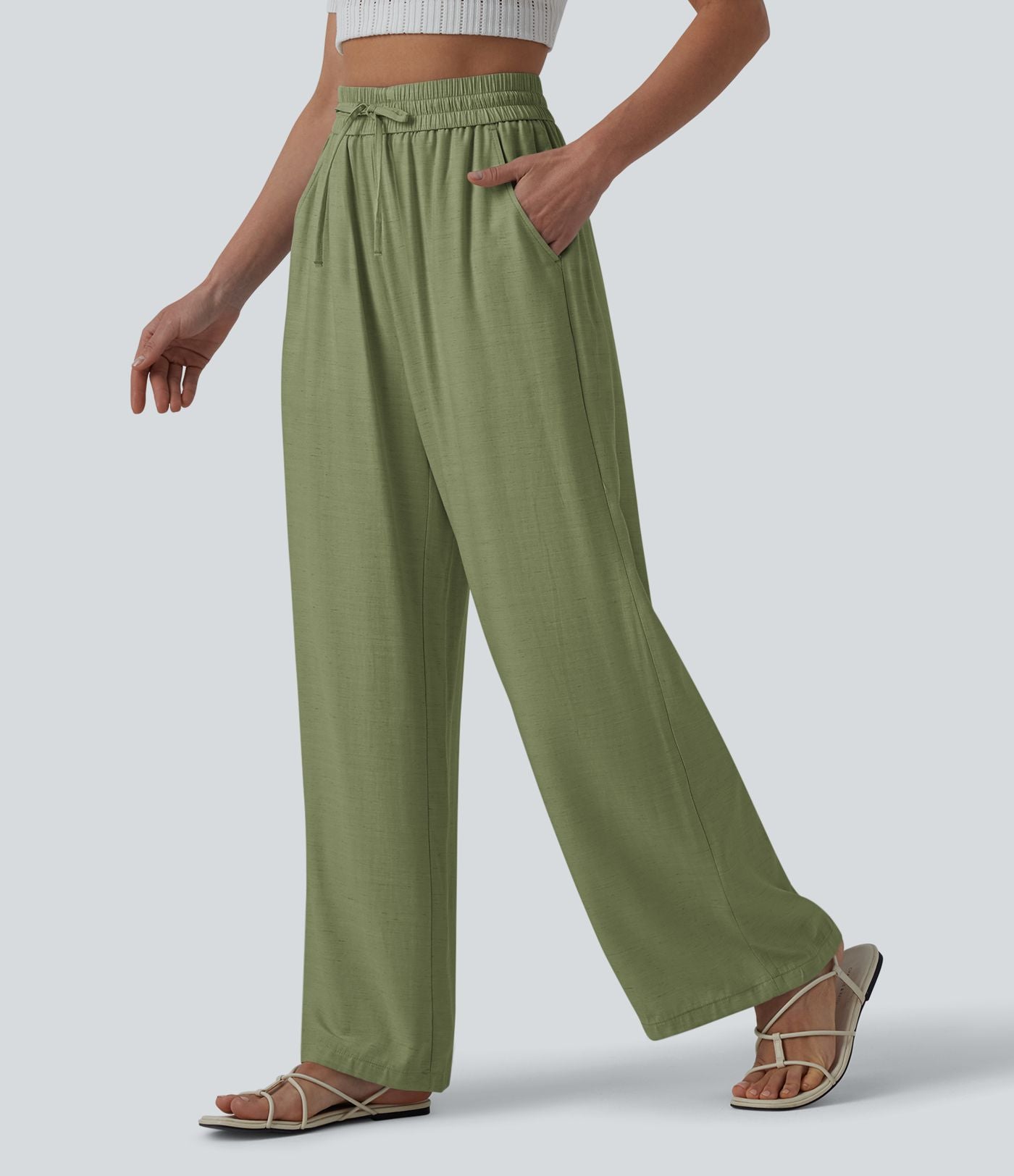 Pantalon casual large fluide mélange lin taille haute avec cordon de serrage et poches