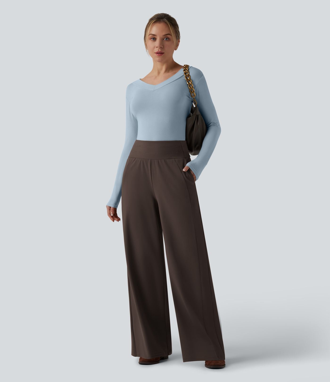 Pantalon large casual taille haute avec poches