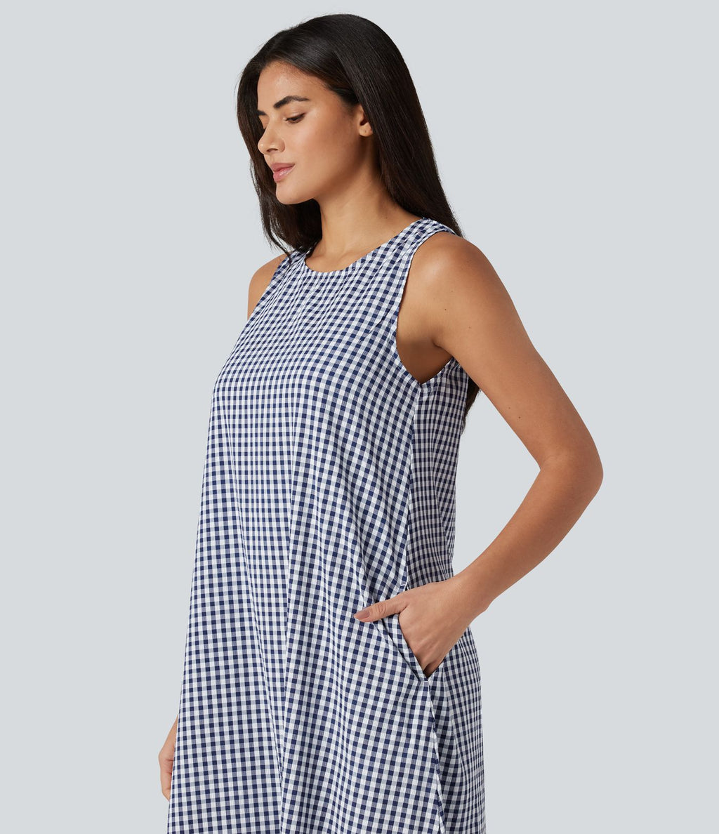 Robe débardeur midi décontractée col rond sans manches en vichy froissé avec poches