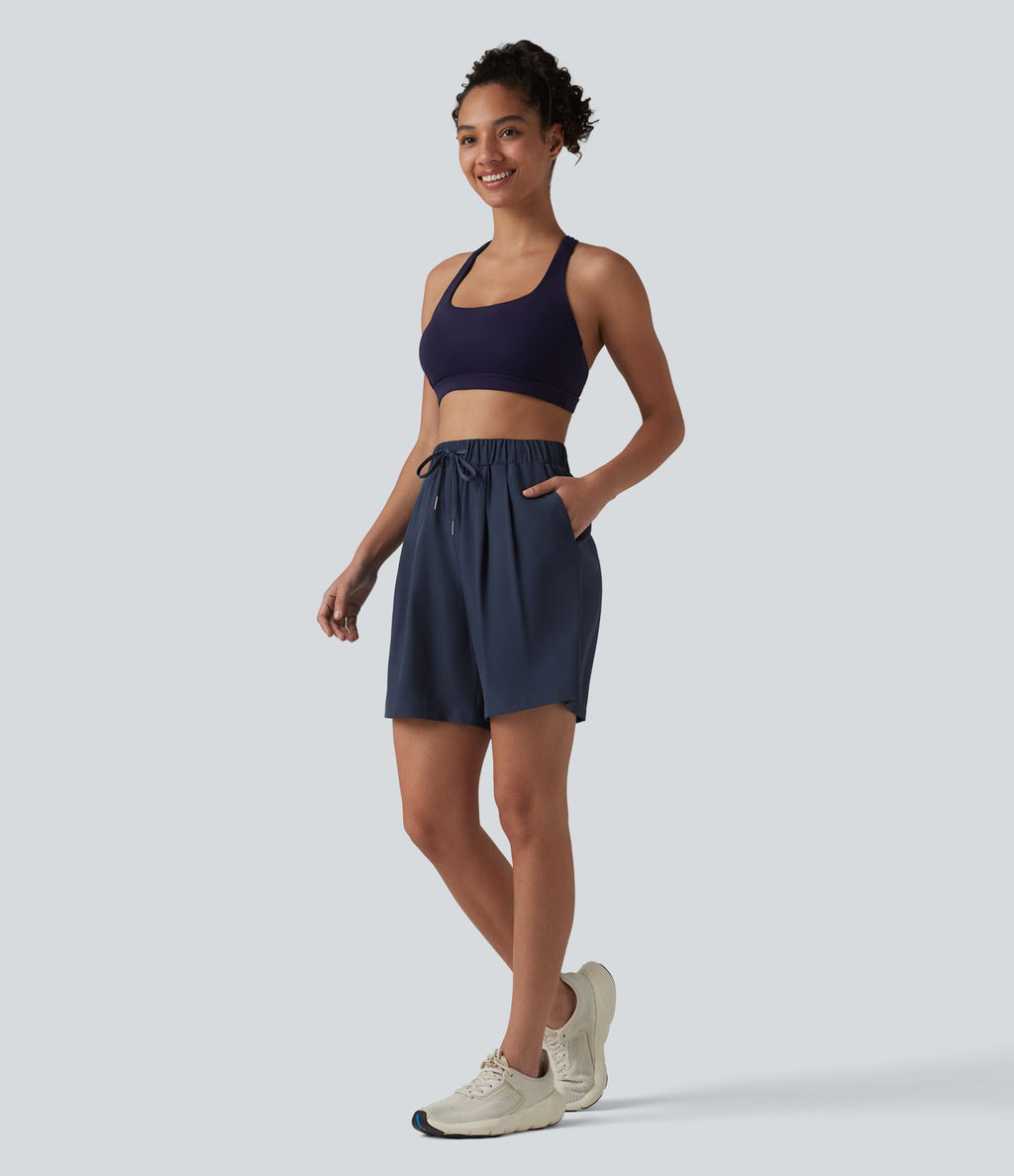 Short de yoga plissé taille haute avec ceinture élastique, cordon de serrage et poches 17,5 cm