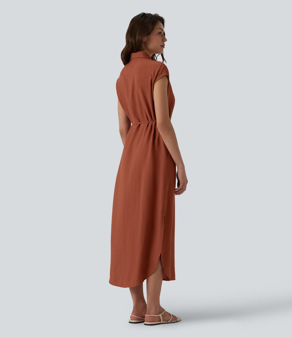 Robe chemise casual mi-longue col manches courtes ceinturée ourlet arrondi avec fente et poches