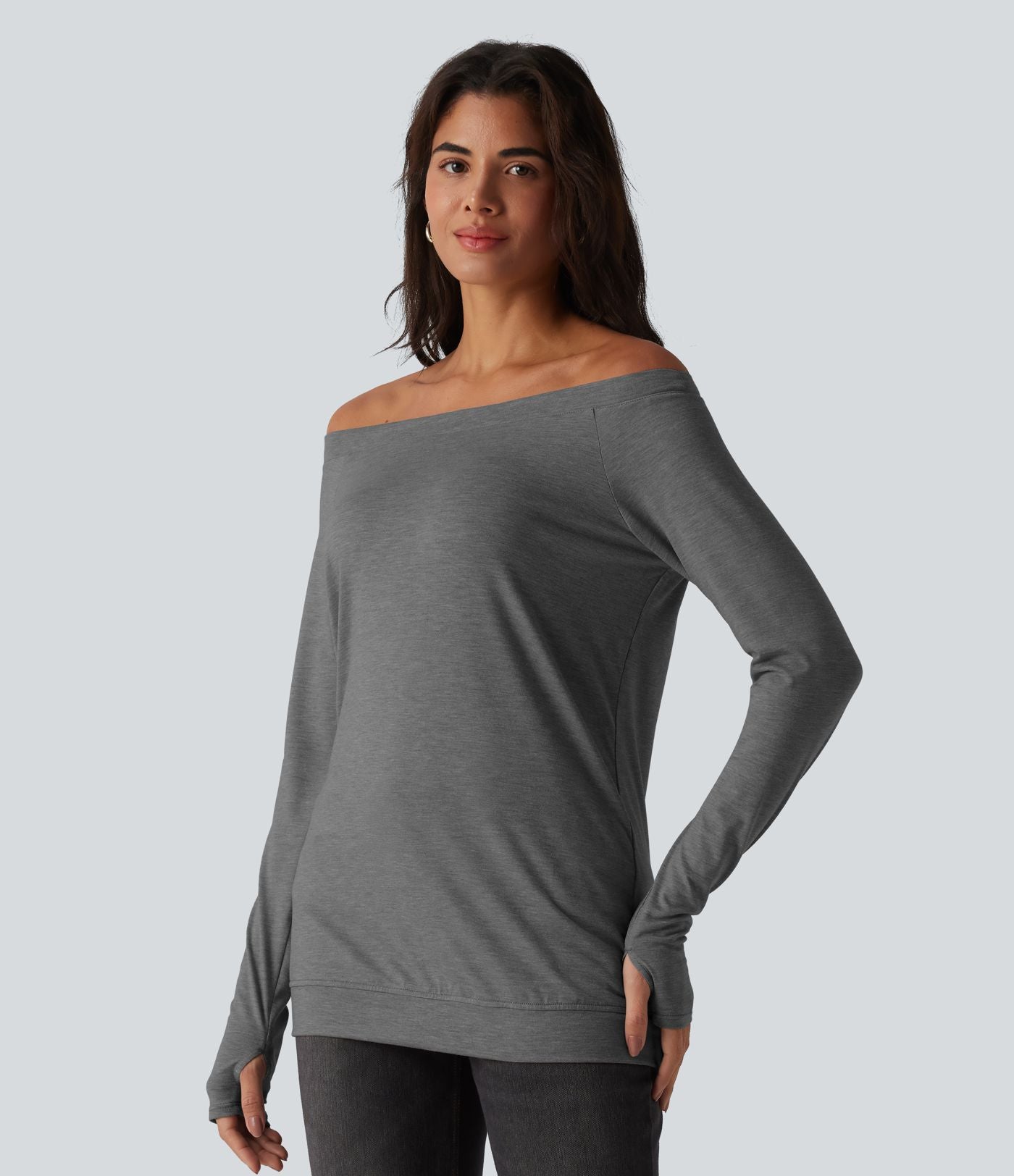 Top casual épaules dénudées manches longues à trous pour les pouces