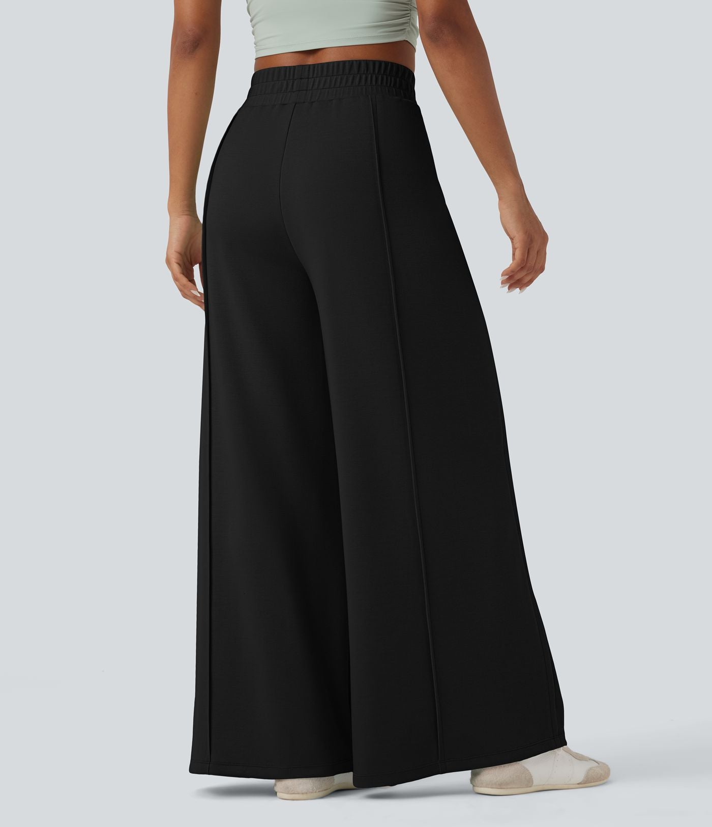 Pantalon décontracté micro gaufré jambe large taille haute avec poches