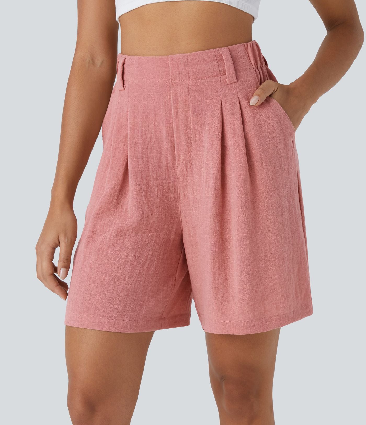 Bermuda Large Fluide Taille Haute avec Plis et Poches Latérales en Lin Synthétique