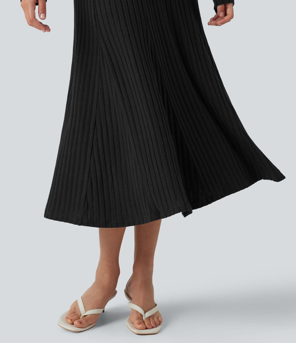 Robe midi fluide en maille côtelée à col Henley et manches longues
