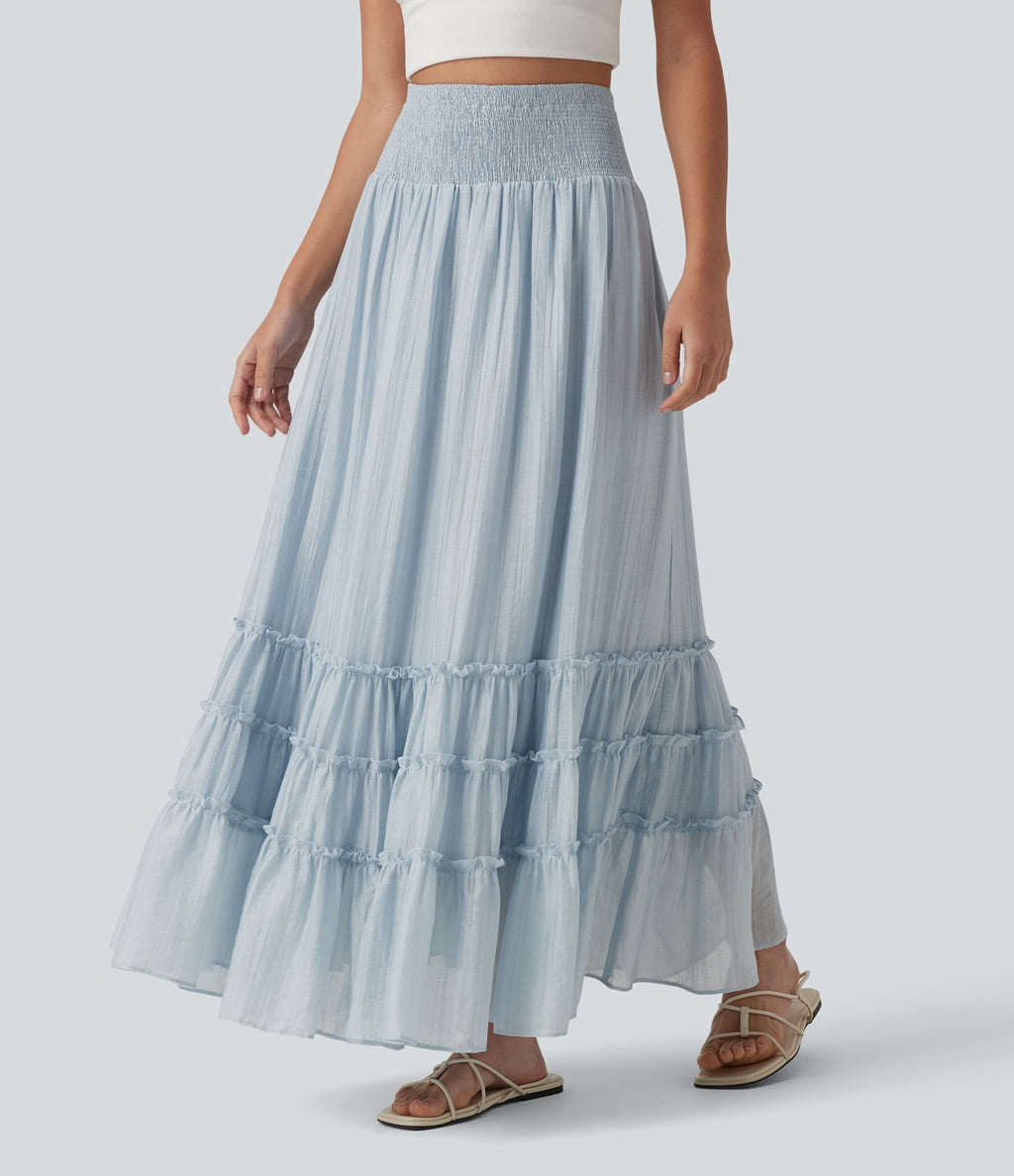 Jupe longue fluide à volants taille haute – Style resort